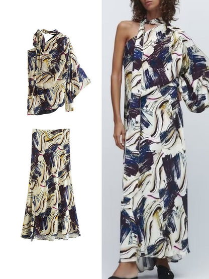 Women Elegant Skiet Sets Summer Fashion Asymmetrical One Shoulder Blouse+Mid-Calf Skirts Casual Street Outwear