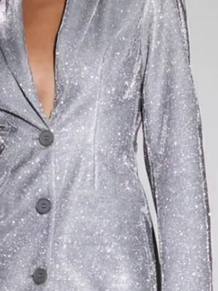 Damesblazerjurk met revers enkele rij knopen lange mouwen pailletten en lage taille