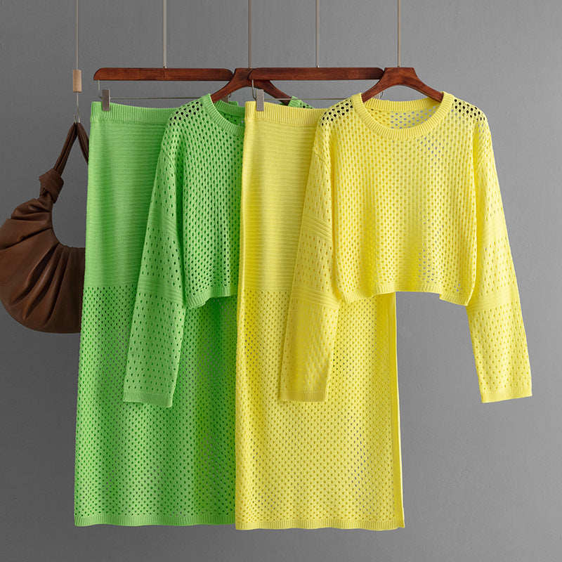 New summer women's hollow knitted sweater long skirt fashion two-piece dress set