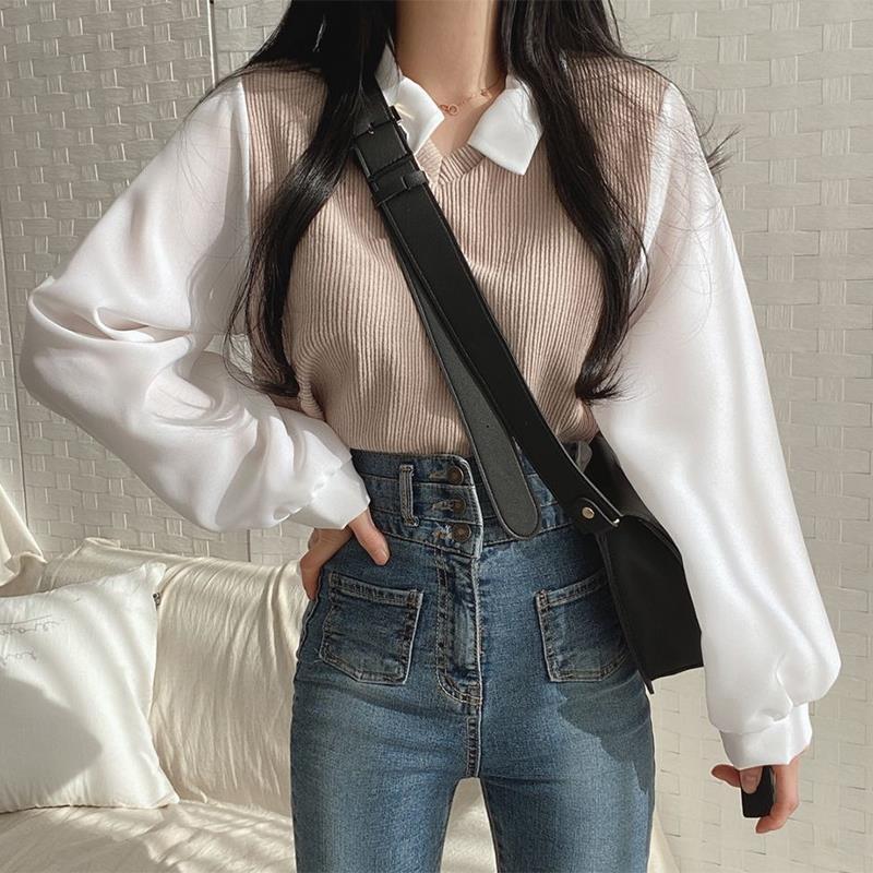 Chic Oversized Two-Piece Look Women's Long Sleeve Polo Neck Sweatshirt with Ribbed Stitching, Loose Fit and Versatile Casual Top