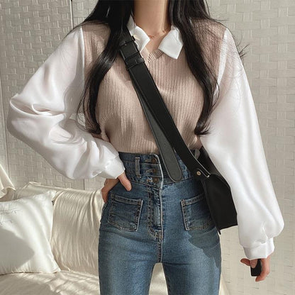 Chic Oversized Two-Piece Look Women's Long Sleeve Polo Neck Sweatshirt with Ribbed Stitching, Loose Fit and Versatile Casual Top