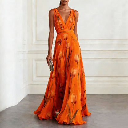 Elegant Tulip Print Evening Dress for Women Sleeveless V-Neck Chiffon Long Dress