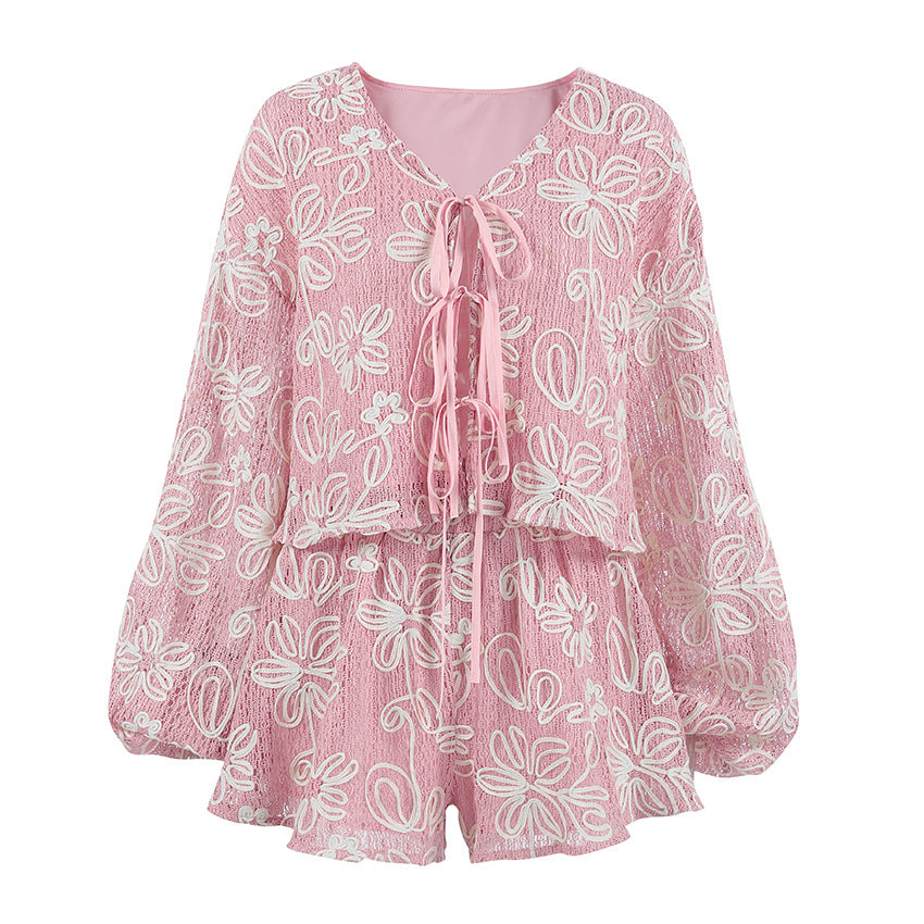 V-neck long sleeved lace up top and shorts two-piece set