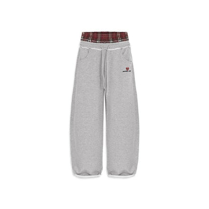 Y2K retro street double waistband plaid spliced hoodie pants casual loose straight-leg pants sport pants ins