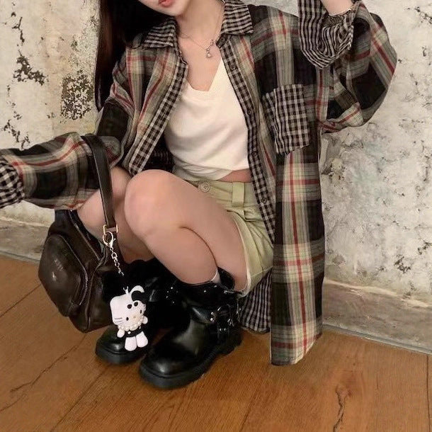 Retro Color-Block Plaid Shirt Women Loose Lazy Style Spliced Design Long Sleeve Sunscreen Blouse