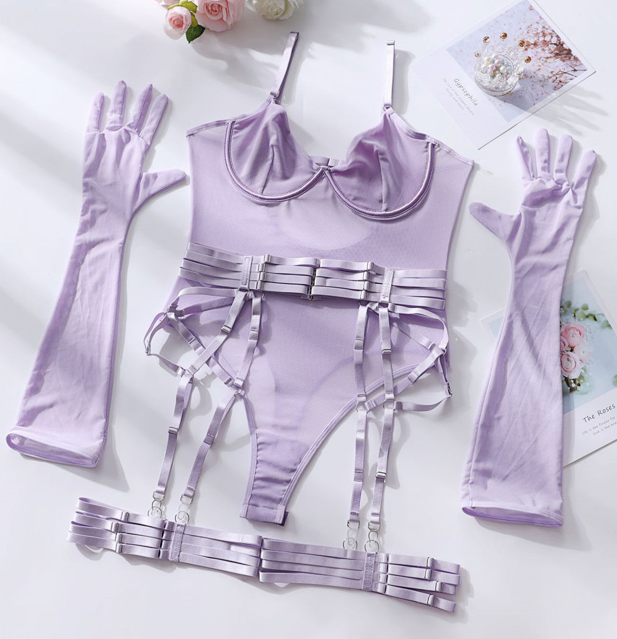 Sexy Lingerie One-Piece Bodysuit with Gloves and Bandage Transparent Mesh Underwear