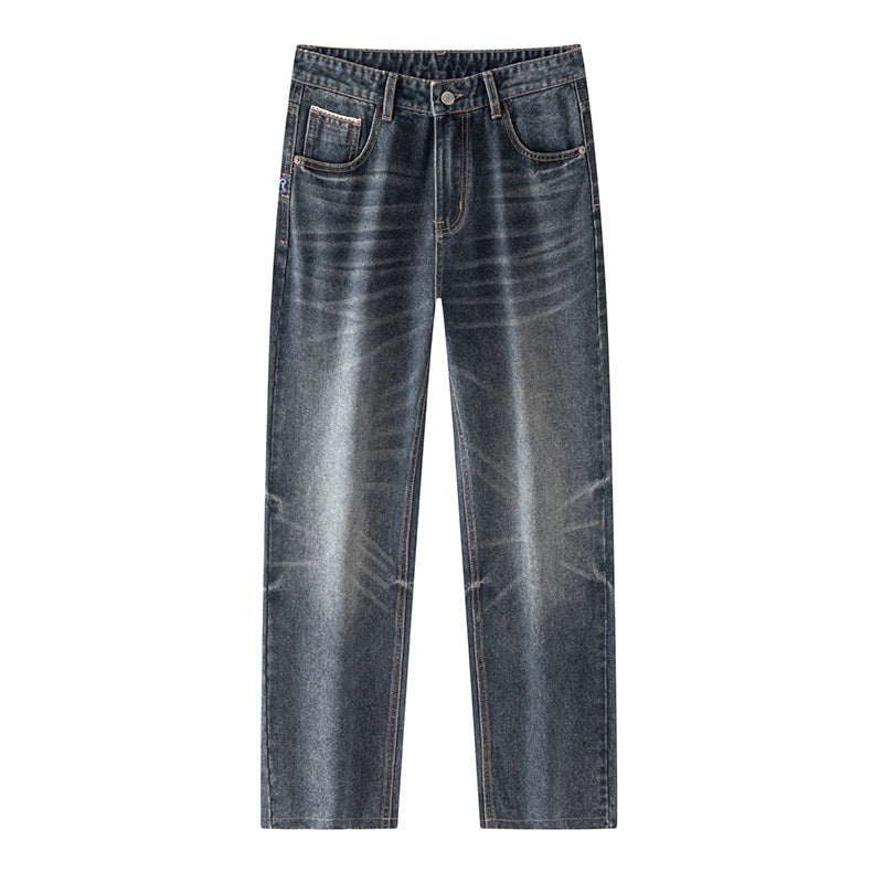 Blue Gray Denim Pants Men's Trendy Straight Leg Streetwear