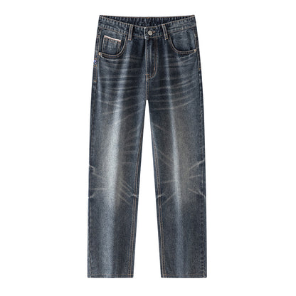 Blue Gray Denim Pants Men's Trendy Straight Leg Streetwear
