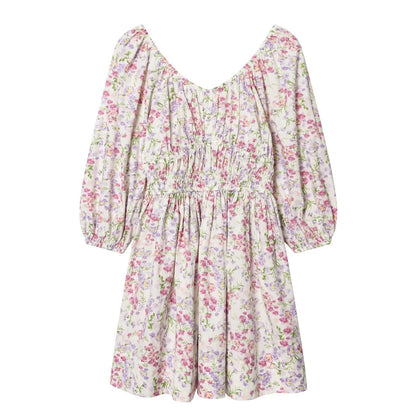 Flower V-neck flared skirt cotton skirt