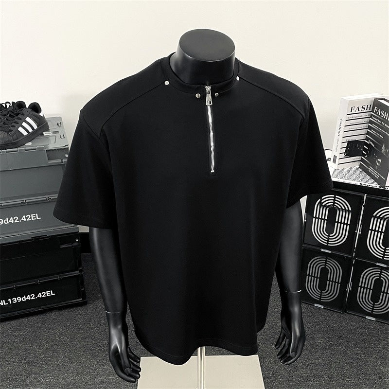 Half zip shoulder pad T-shirt for men short sleeved for summer