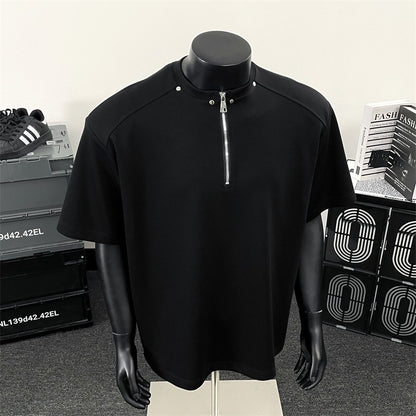 Half zip shoulder pad T-shirt for men short sleeved for summer