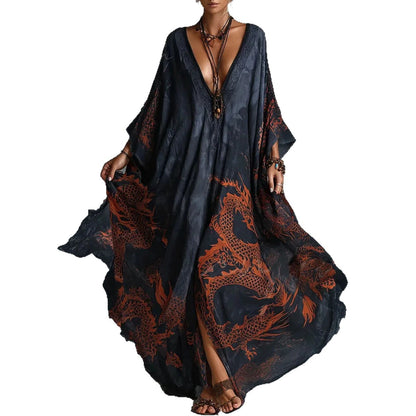 Lange jurk met drakenprint voor de zomer of strandvakantie