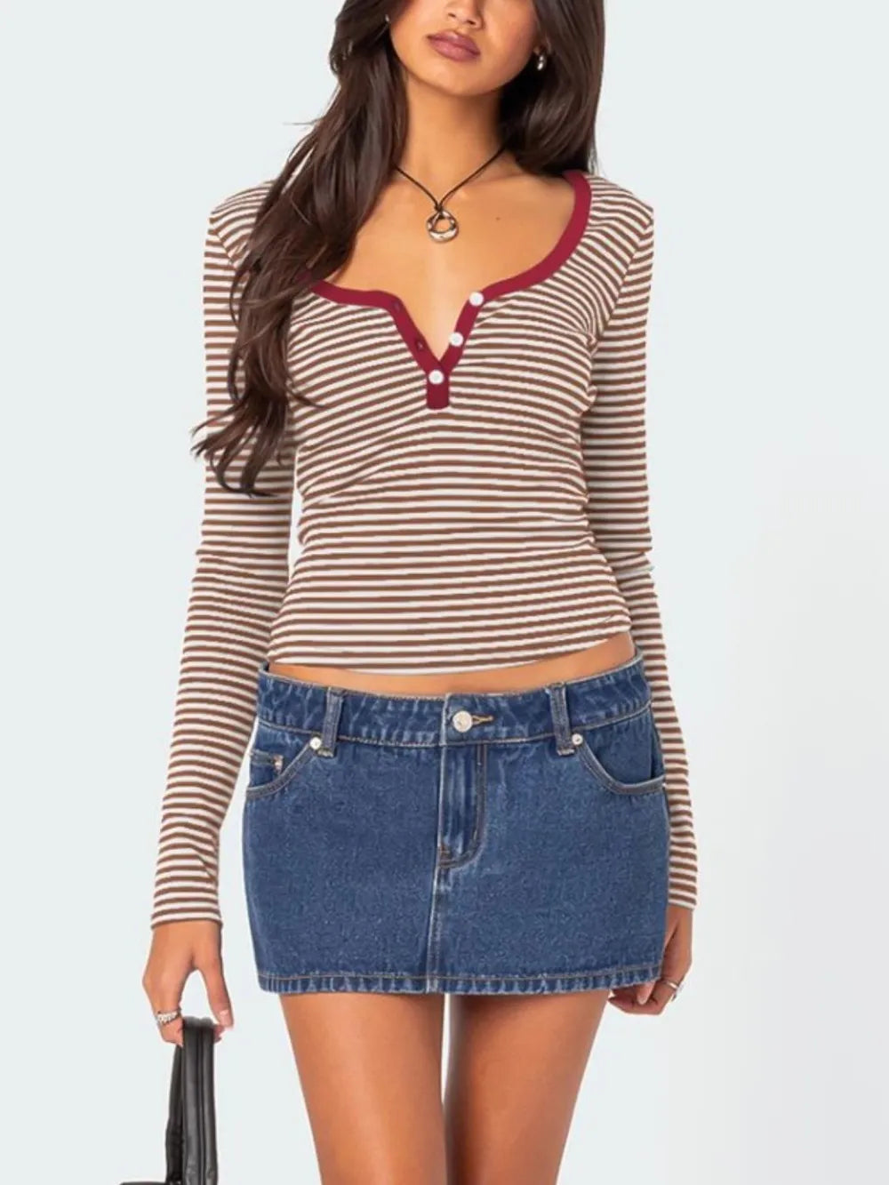 Color blocking striped knitted sweater women's summer top button slim fit shoulder t-shirt