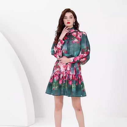 Lace-up single-breasted waist-cinching stand-collar dress European and American long-sleeved plus size vacation slimming mid-len
