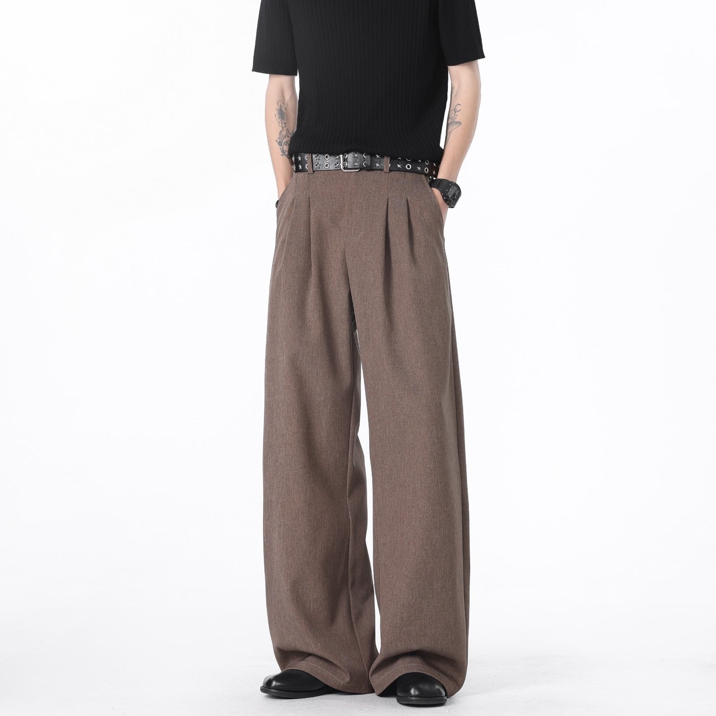 Preppy Style Linen-Like Pleated Wide-Leg Trousers for Men