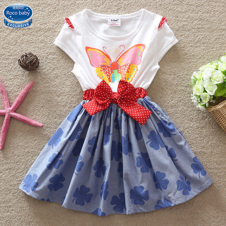 Floral pure cotton girls' polka dot embroidered short sleeved dress