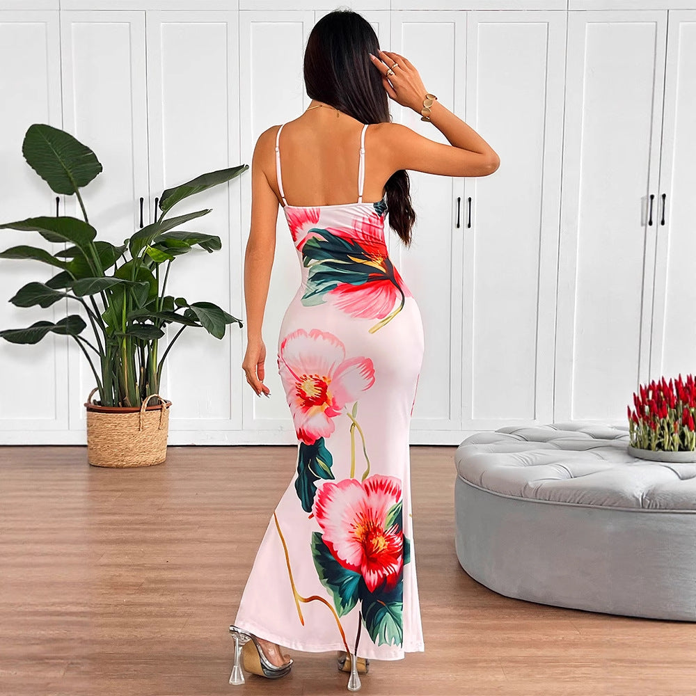 Strap backless floral print sexy jumpsuit long skirt