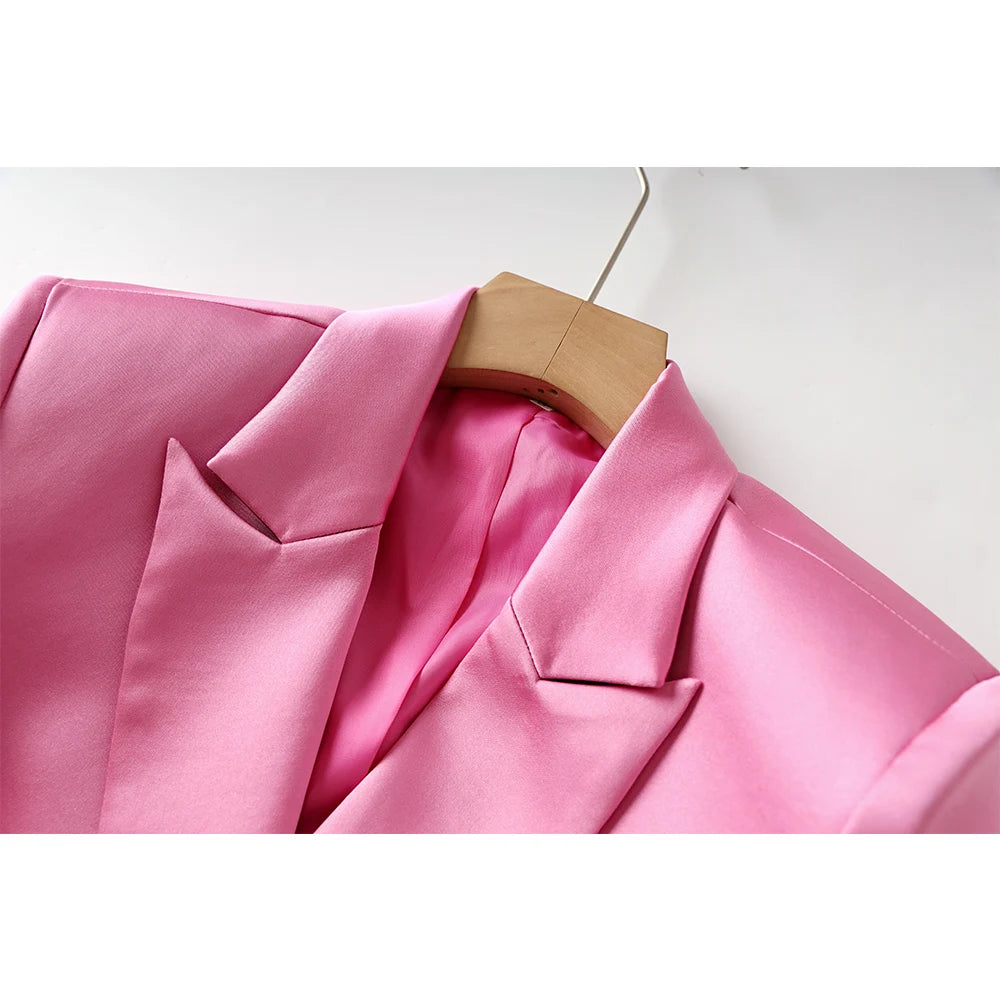 Women Street Design Pink Satin 3PCS Blazer Sets Elegant Mini Skirt Stunning Lady Suits Top Quality