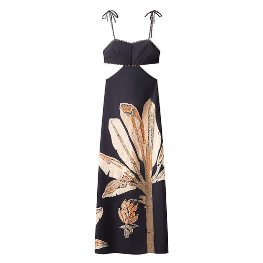 Elegante cami jurk met print open rug strik en uitsnijding in de taille
