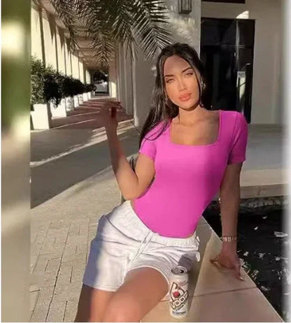 Women's Bodysuits Sexy Ribbed One Piece Square Neck Short Sleeve Bodysuits sexy bodysuit lingerie bodysuit