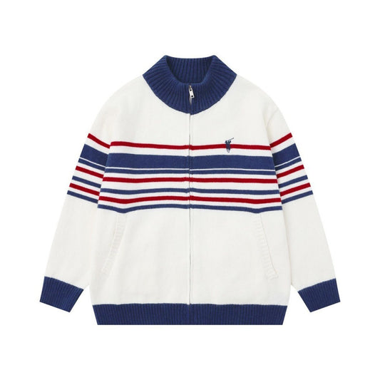 Gebreide vest met contrasterende strepen en opstaande kraag