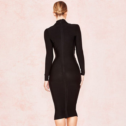 Black V Neck Long Sleeve Lady's Party Dresses Newest Spring Sexy Bodycon Elastic Midi Bandage Dress