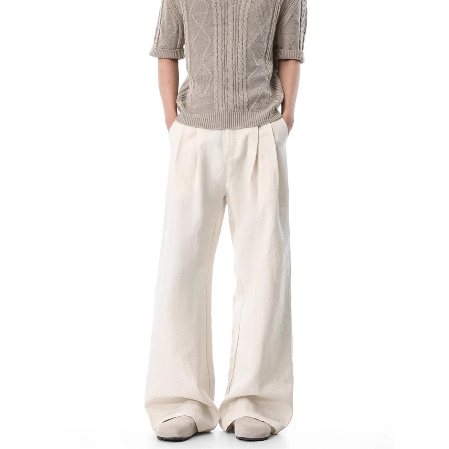 Preppy Style Linen-Like Pleated Wide-Leg Trousers for Men