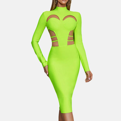 New Fluorescent Green Sexy Hollow Out Bodycon Design  Bandage Dress Women'S Long Sleeve Fashion Club Party Vesidos