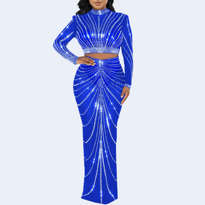 Women's Long Sleeve Dress Set with Mesh and Rhinestone