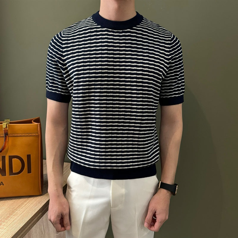 Summer loose casual breathable jacquard striped contrasting top
