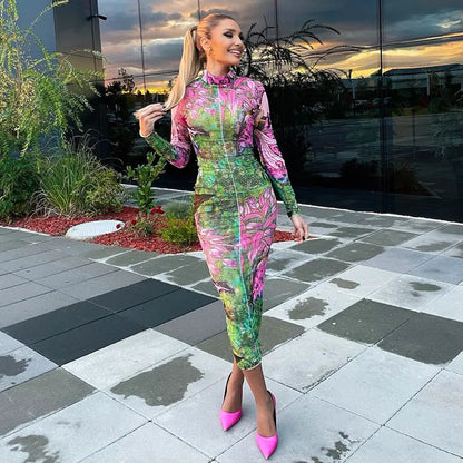 Dames lange mouwen hoge hals bodycon midi-jurk met bloemenprint