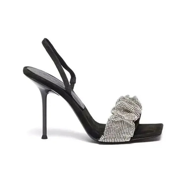 New Summer Fashion Design PU High Heels Women's Shoes Square Toe 7 Cm Non Slip Rhinestone Pumps Bling Women Sandals