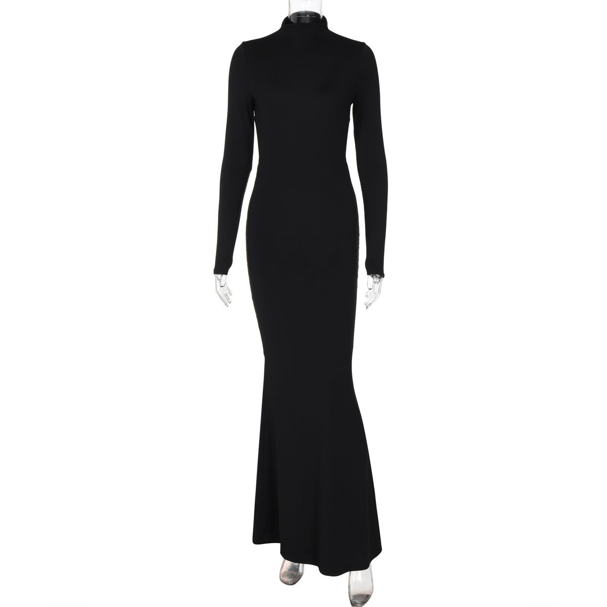 Elegante effen feestjurk uit één stuk met lange mouwen hoge hals en open rug