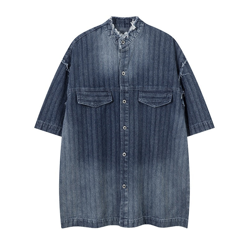 Washed Raw Edge Short Sleeve Shirt Summer Loose Casual Shirt