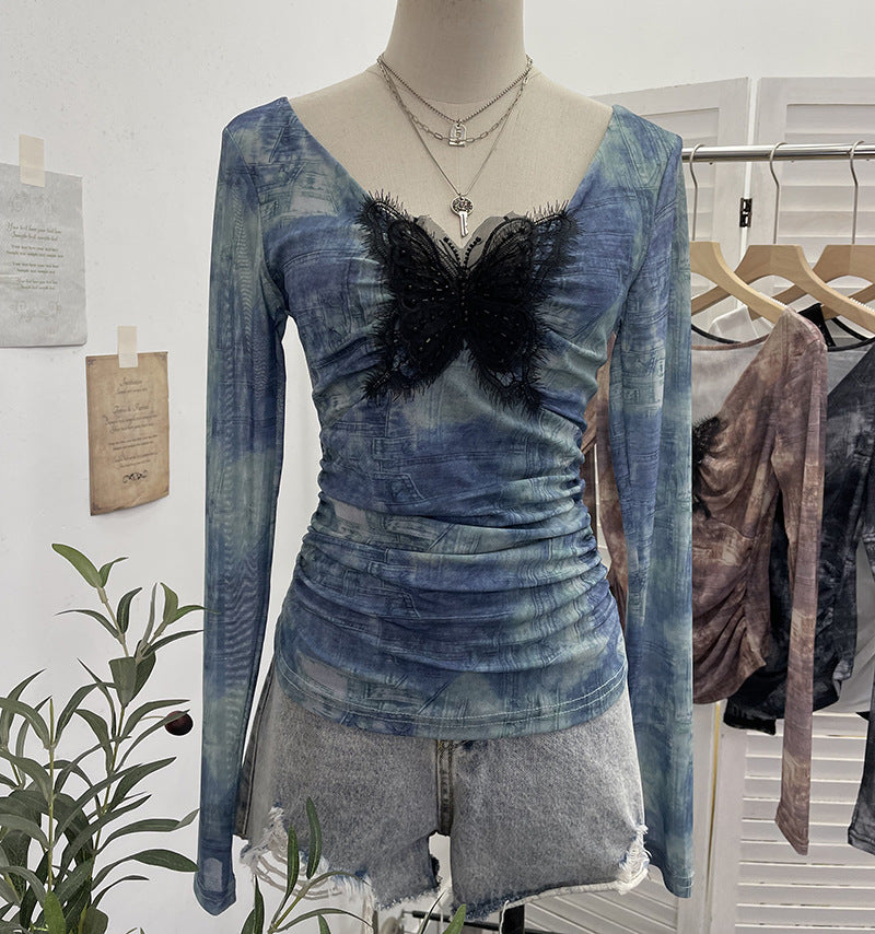 Lace butterfly V-neck top