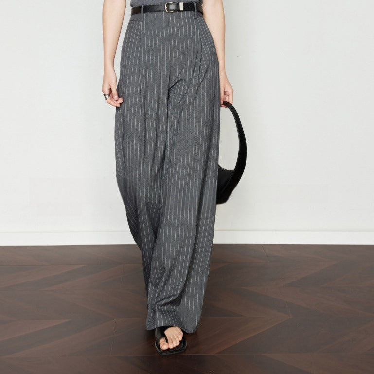 Wide-leg pants women suit pants striped gray drape vintage casual pants