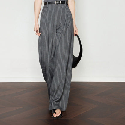 Wide-leg pants women suit pants striped gray drape vintage casual pants