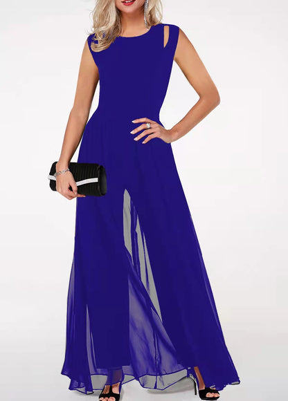 One piece slim fit women's round neck sleeveless hollow solid color jumpsuit