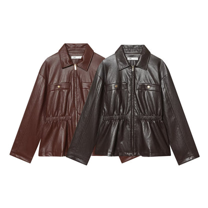 Imitation leather elastic waist jacket