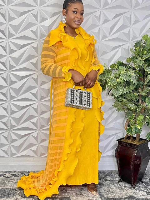 Heavy Industry Pleated Set Solid Flounced Edge Full Sleeved Sexy Evening Party Two Piece Sets for Women