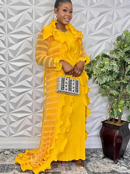 Heavy Industry Pleated Set Solid Flounced Edge Full Sleeved Sexy Evening Party Two Piece Sets for Women