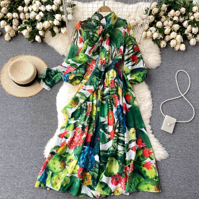 New Summer Print Chiffon Beach Dress Women Long Midi Big Swing Boho Vacation Dresses