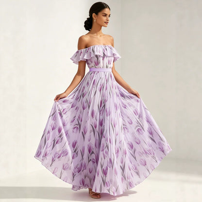 Printed long skirt with waist cinching and large swing dress