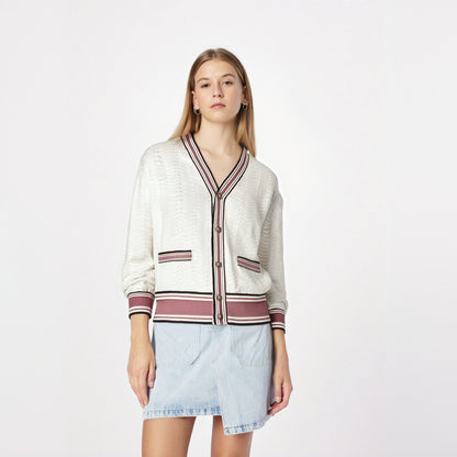 Stylish Striped Knit Sweater Cardigan Women Autumn Winter Long Sleeve V-neck Tops Single-breasted Fashion Vintage Jumpers