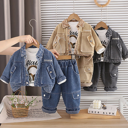 Autumn denim jacket long sleeved three piece set for children