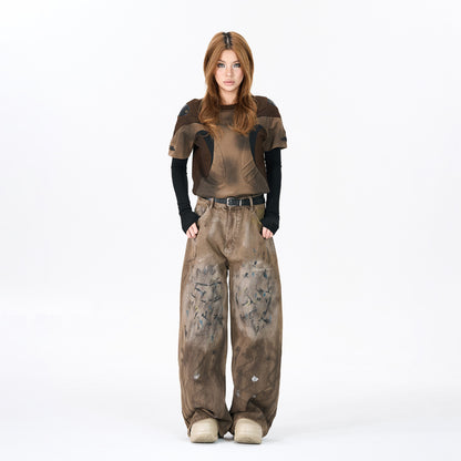Desert Vibes Graffiti Print Wide-Leg Trendy Denim Pants
