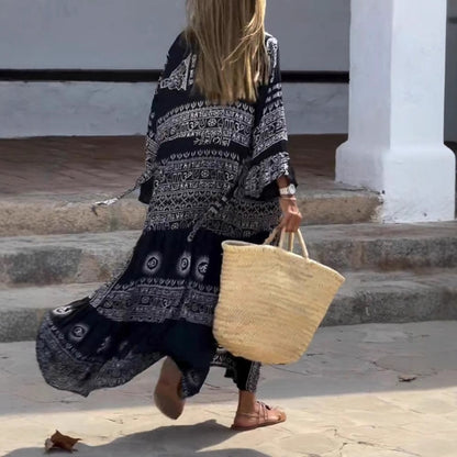 Bohemian etnische printjurk met ceintuur knopen en V-hals