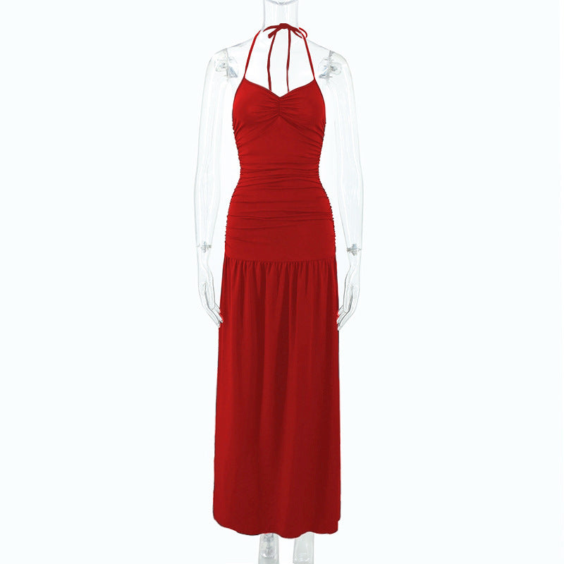 Hanging neck slim fit exposed backpack hip side slit jumpsuit long skirt
