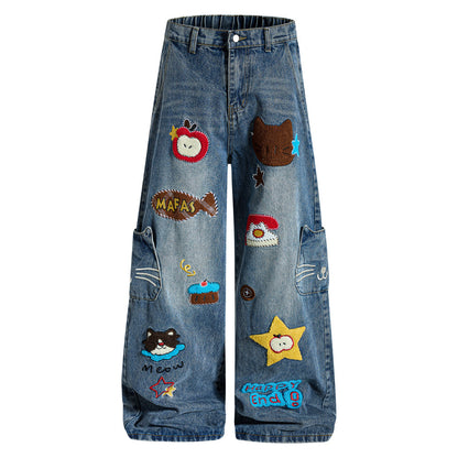 Cargo jeans met elastische taille en geborduurde cartoons