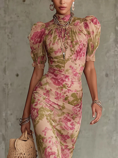 French Floral Puff Sleeve Slim Fit Long Dress